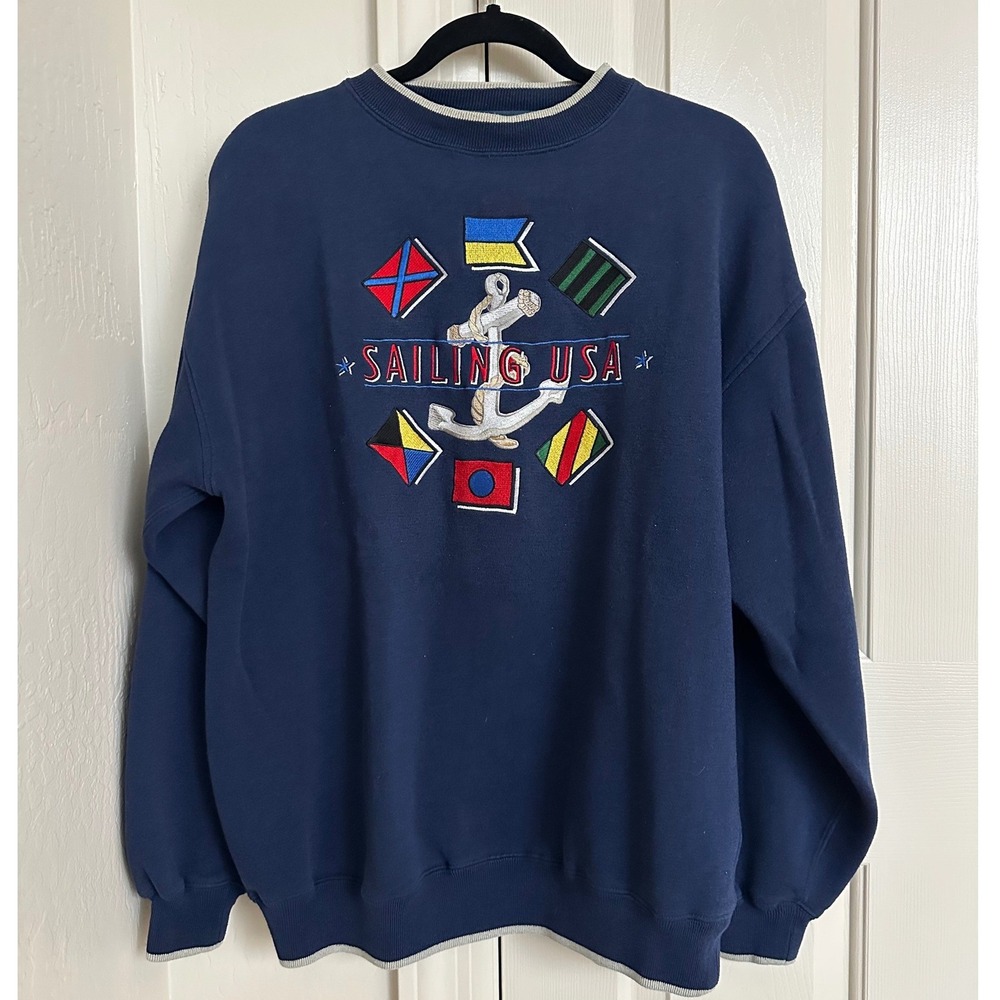 Vintage Red Cliff Trading Co. Sailing USA Sweatshirt Blue Embroidered Nautical L